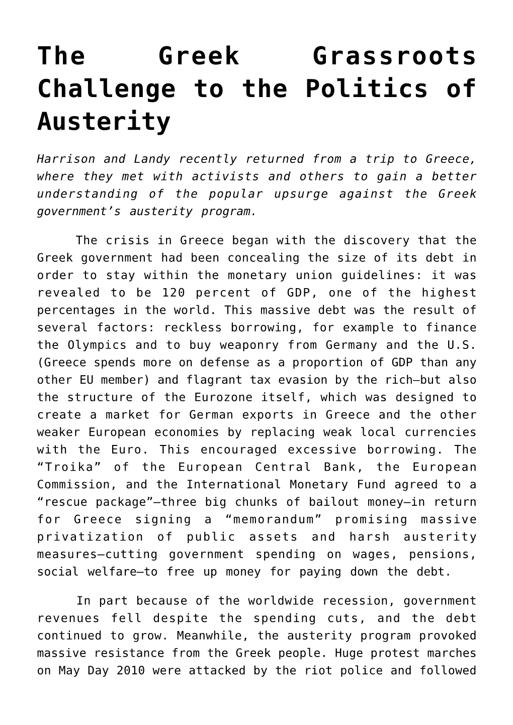 The Greek Grassroots Challenge to the Politics of Austerity