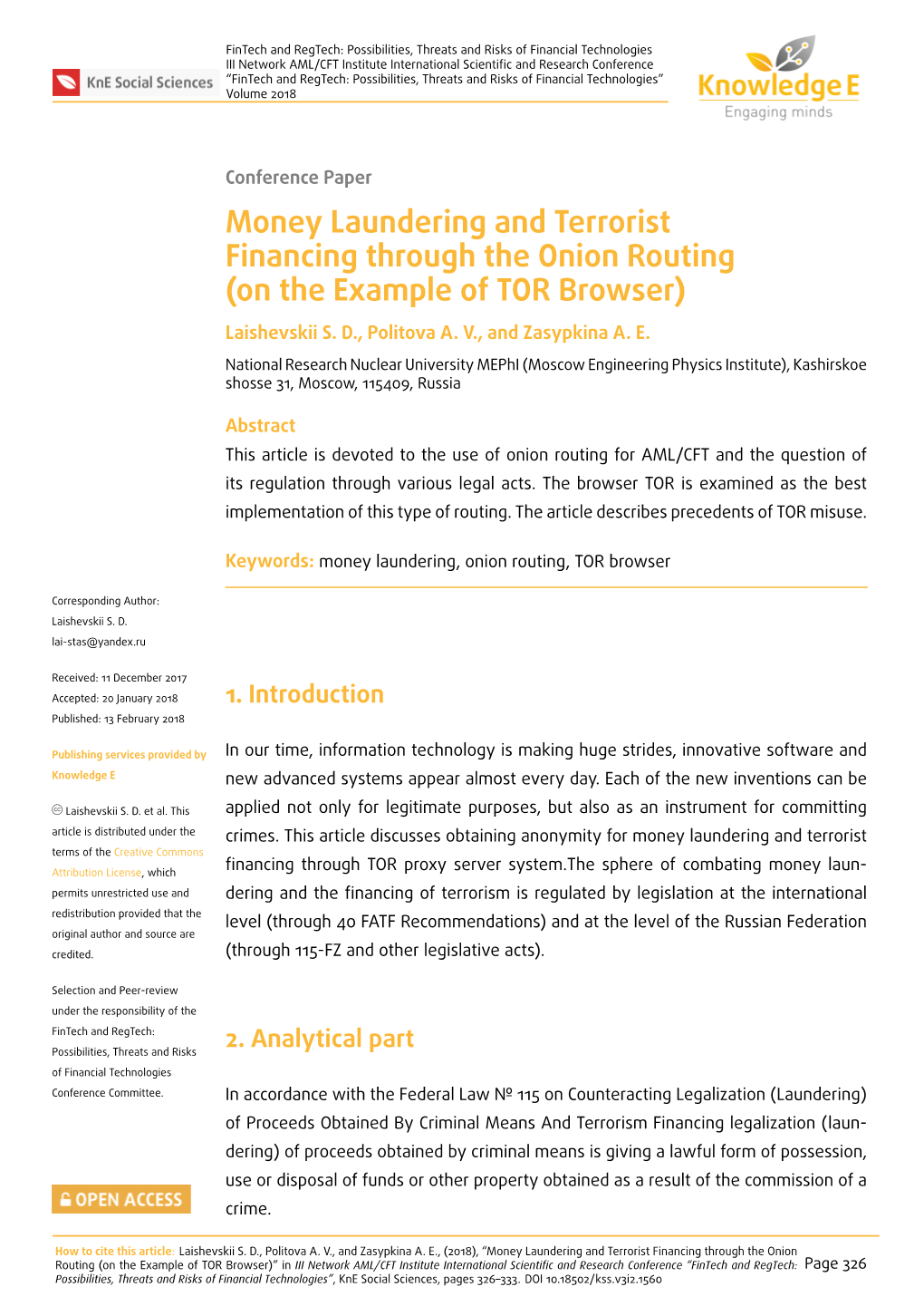 Money Laundering and Terrorist Financing Through the Onion Routing (On the Example of TOR Browser) Laishevskii S