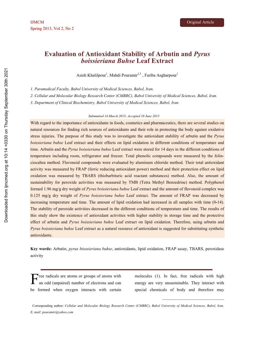Evaluation of Antioxidant Stability of Arbutin and Pyrus Boissieriana Buhse Leaf Extract