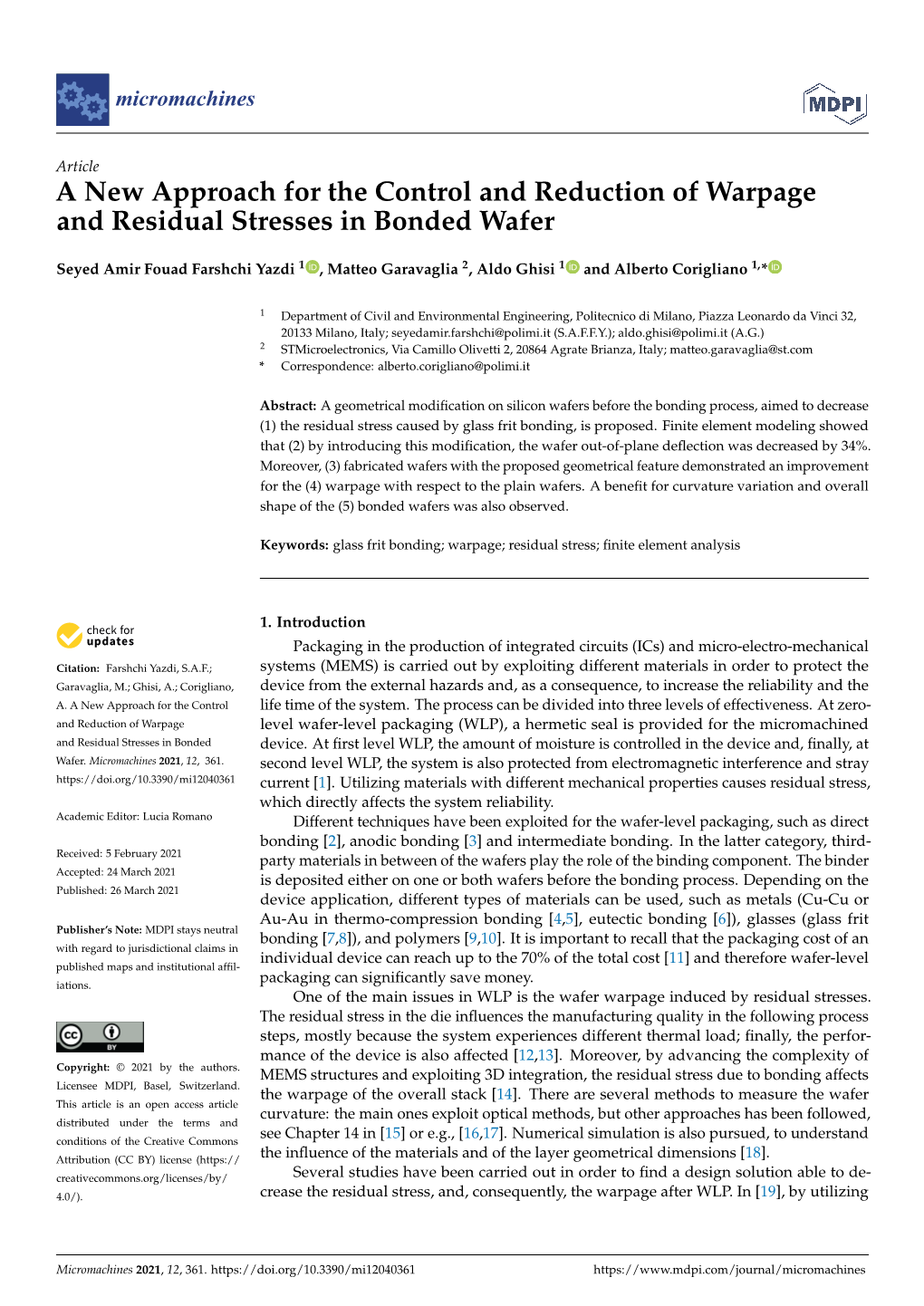 A New Approach for the Control and Reduction of Warpage and Residual Stresses in Bonded Wafer