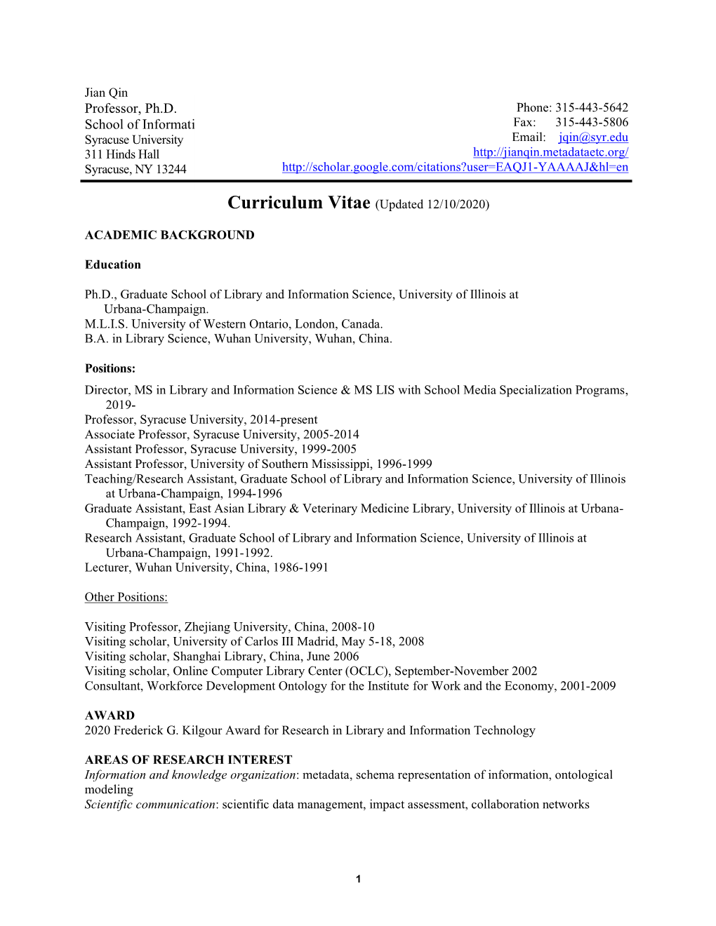 Curriculum Vitae (Updated 12/10/2020)