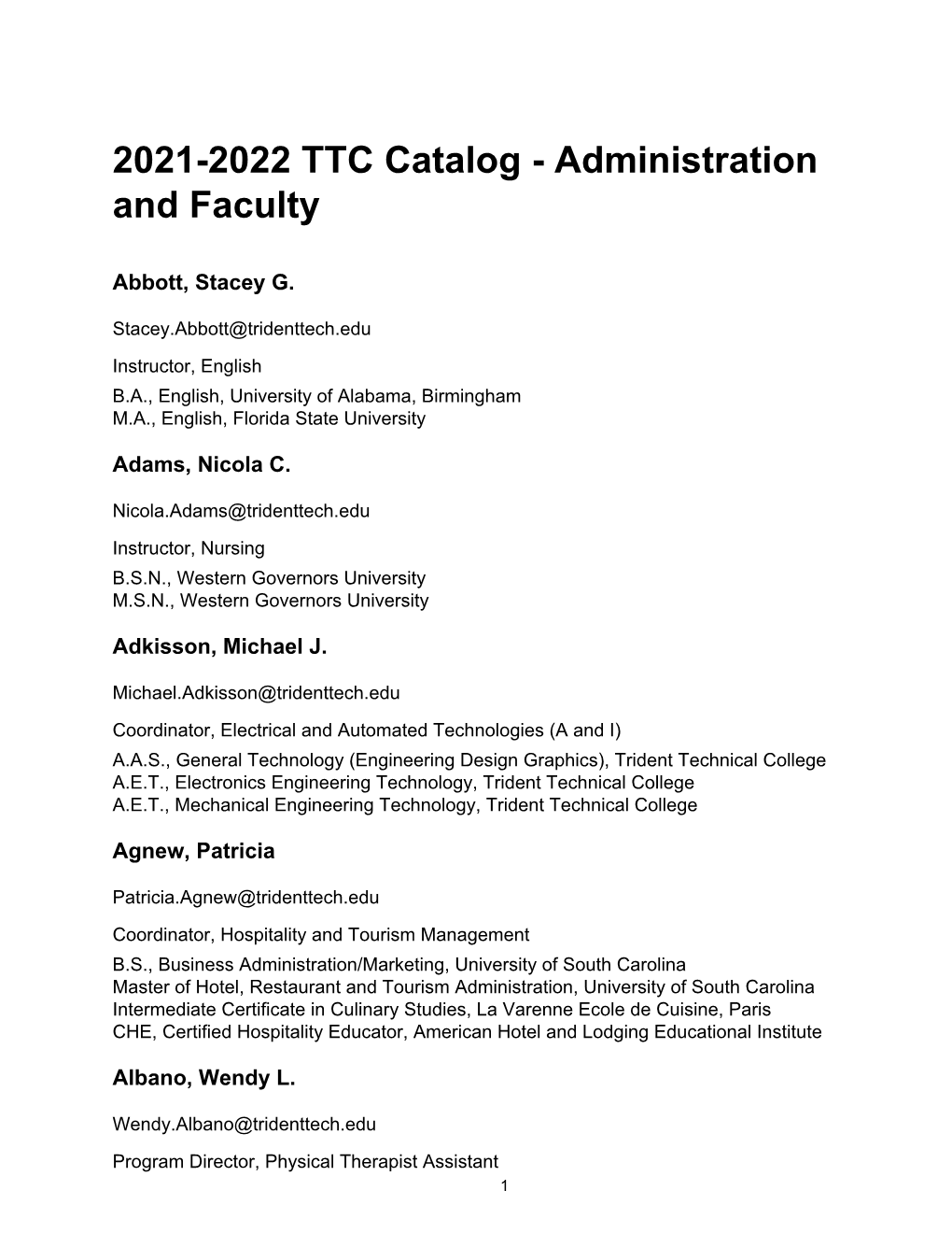 2021-2022 TTC Catalog - Administration and Faculty