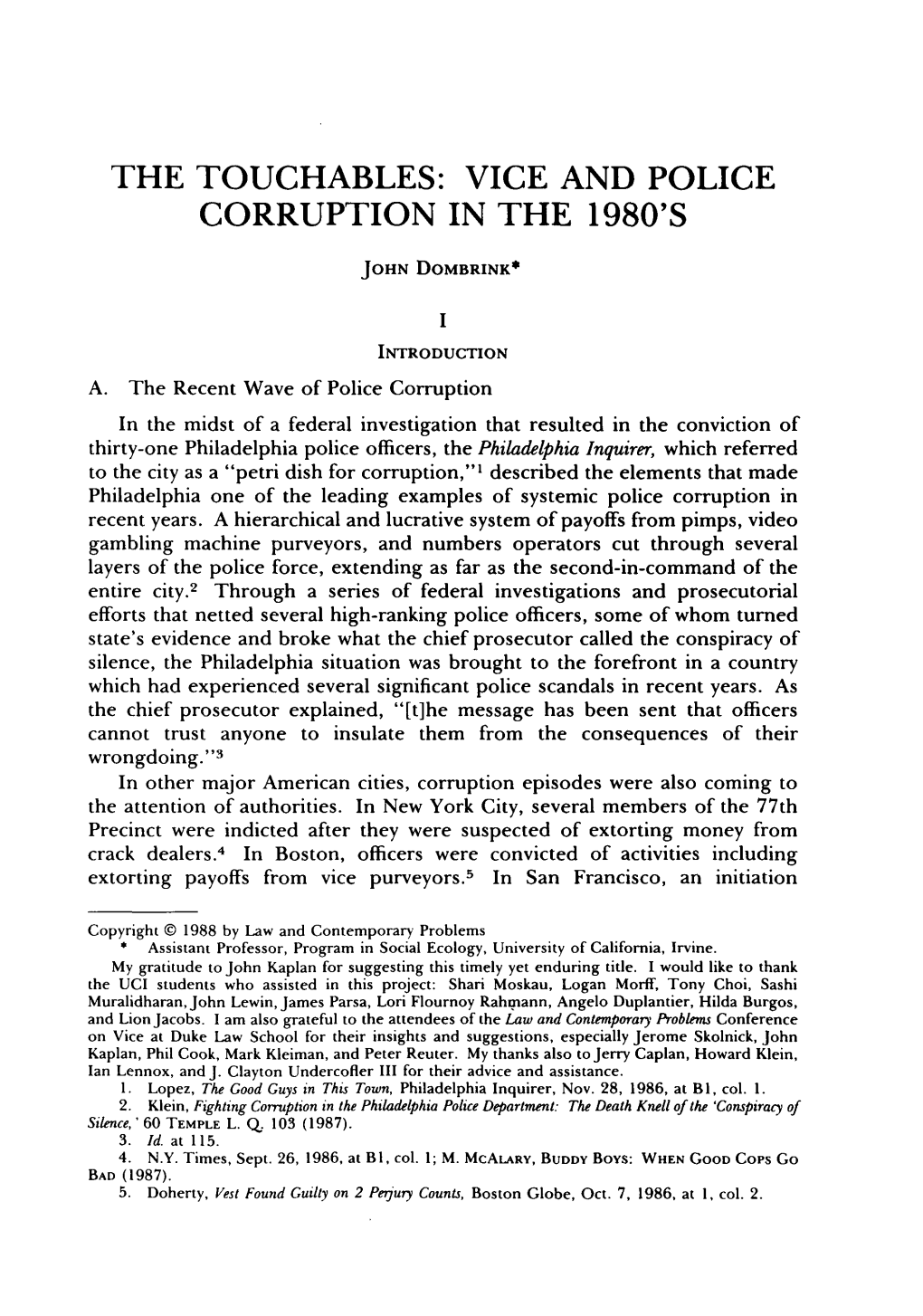 Police Corruption in the 1980'S