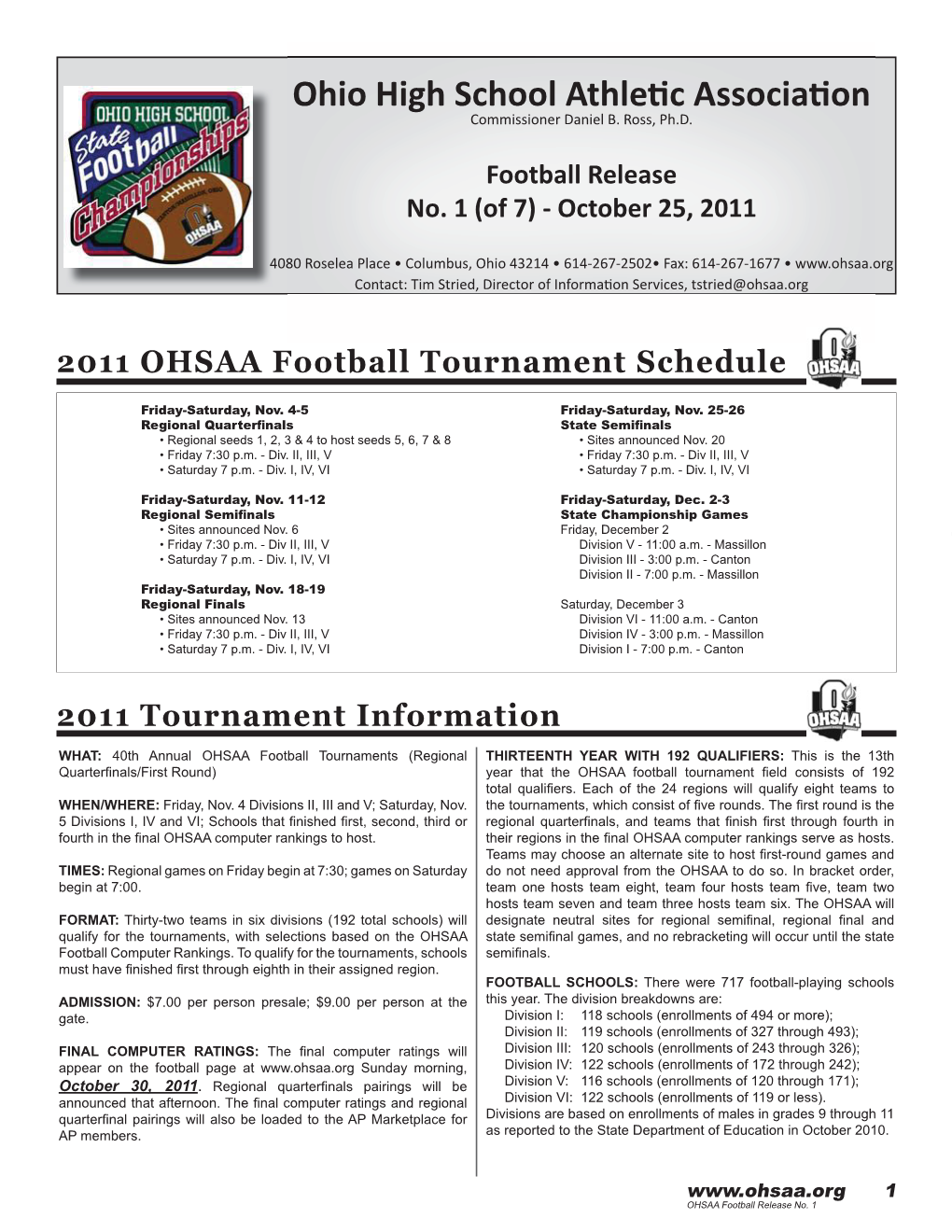 Football Release No. 1 (Of 7) - October 25, 2011