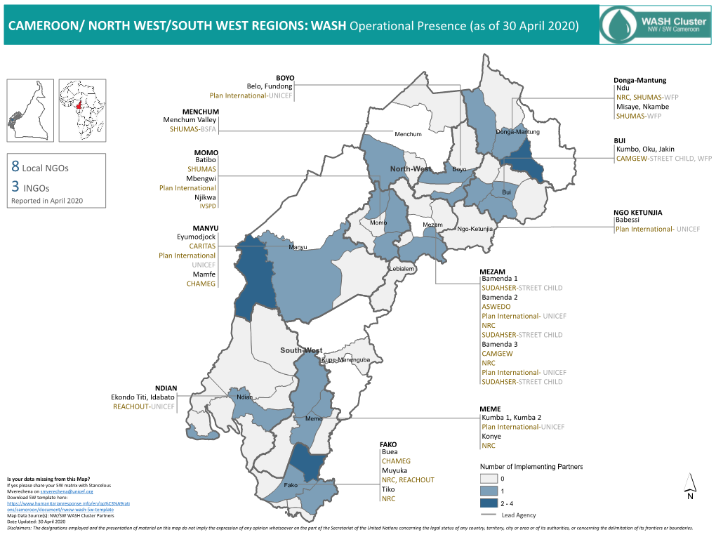CAMEROON/ NORTH WEST/SOUTH WEST REGIONS: WASH Operational Presence (As of 30 April 2020)