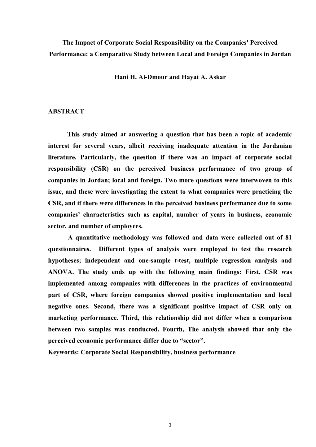 The Impact Of Corporate Social Responsibility On The Companies' Perceived Performance: A Comparative Study Between Local And Foreign Companies In Jordan