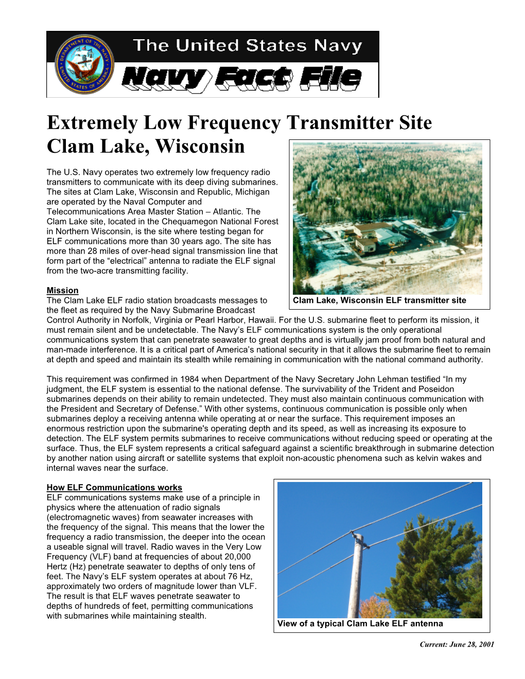 Extremely Low Frequency Transmitter Site Clam Lake, Wisconsin