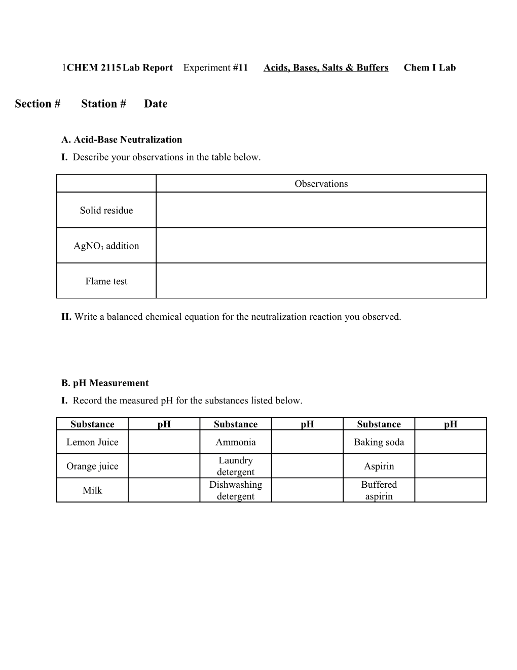 CHEM 2115 Lab Report Experiment #11 Acids, Bases, Salts & Buffers Chem I Lab