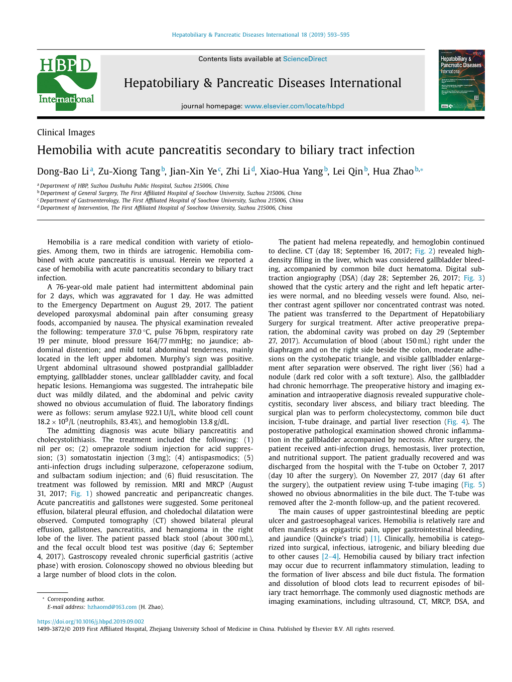 Hemobilia with Acute Pancreatitis Secondary to Biliary Tract Infection