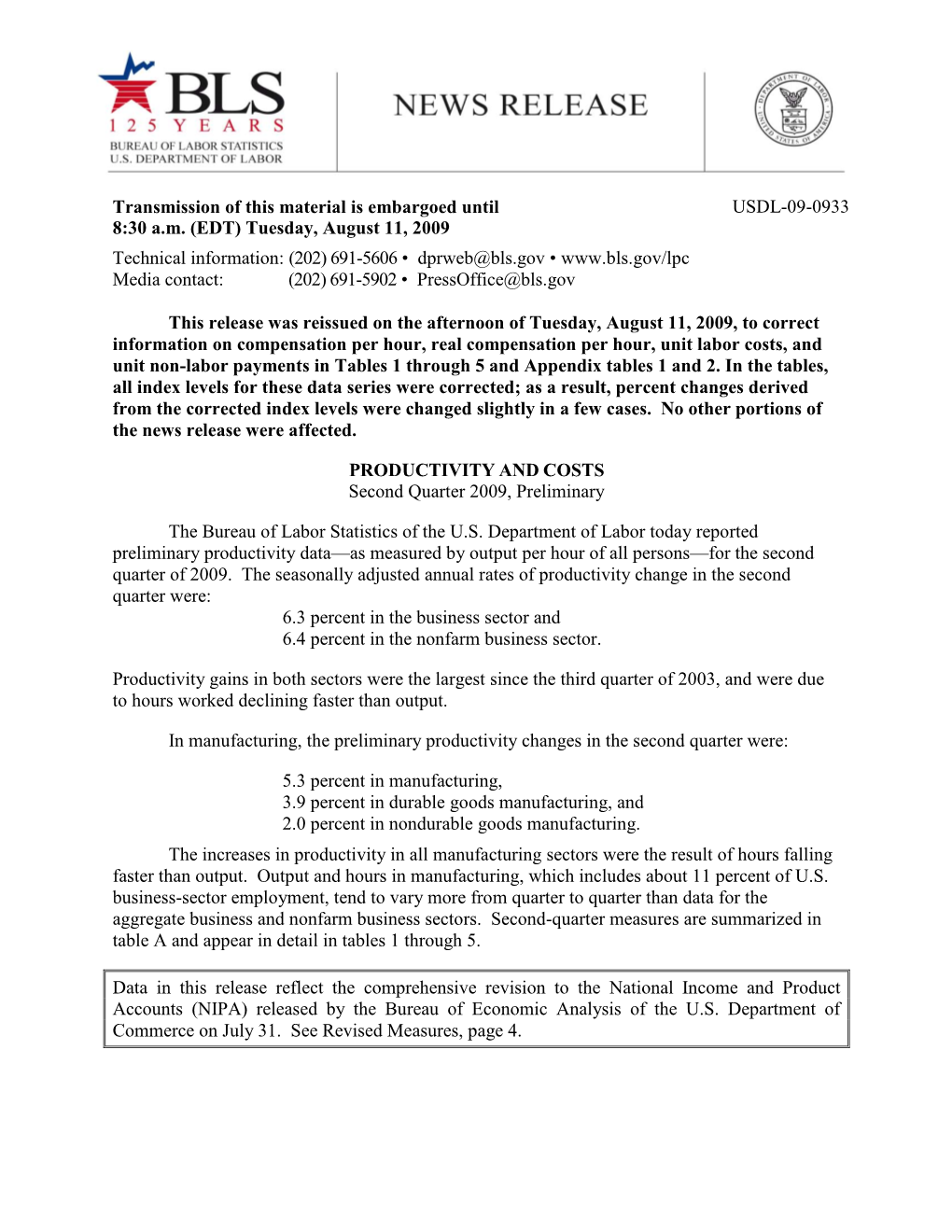 Productivity and Costs: Second Quarter 2009, Preliminary