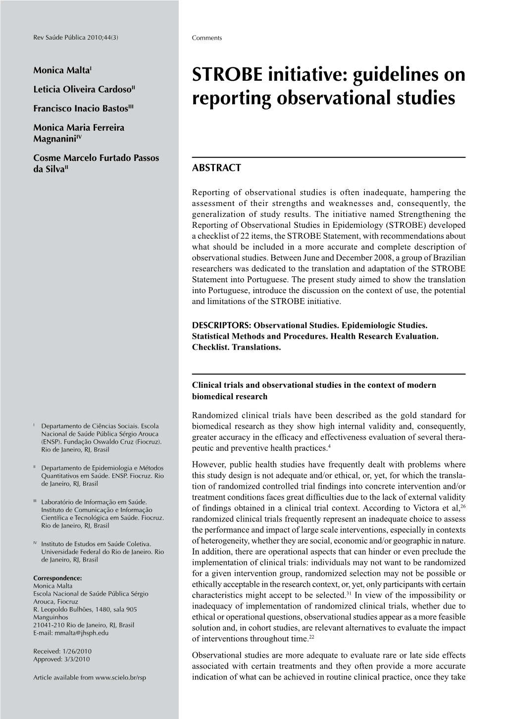 STROBE Initiative: Guidelines on Reporting Observational Studies