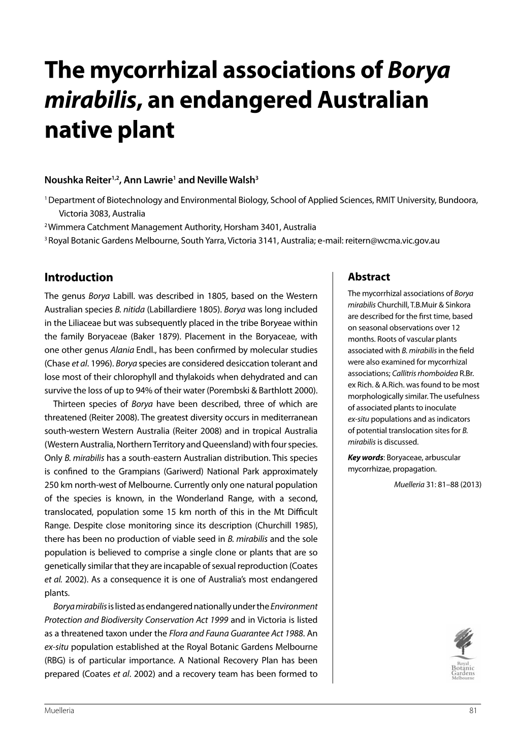 The Mycorrhizal Associations of Borya Mirabilis, an Endangered Australian Native Plant