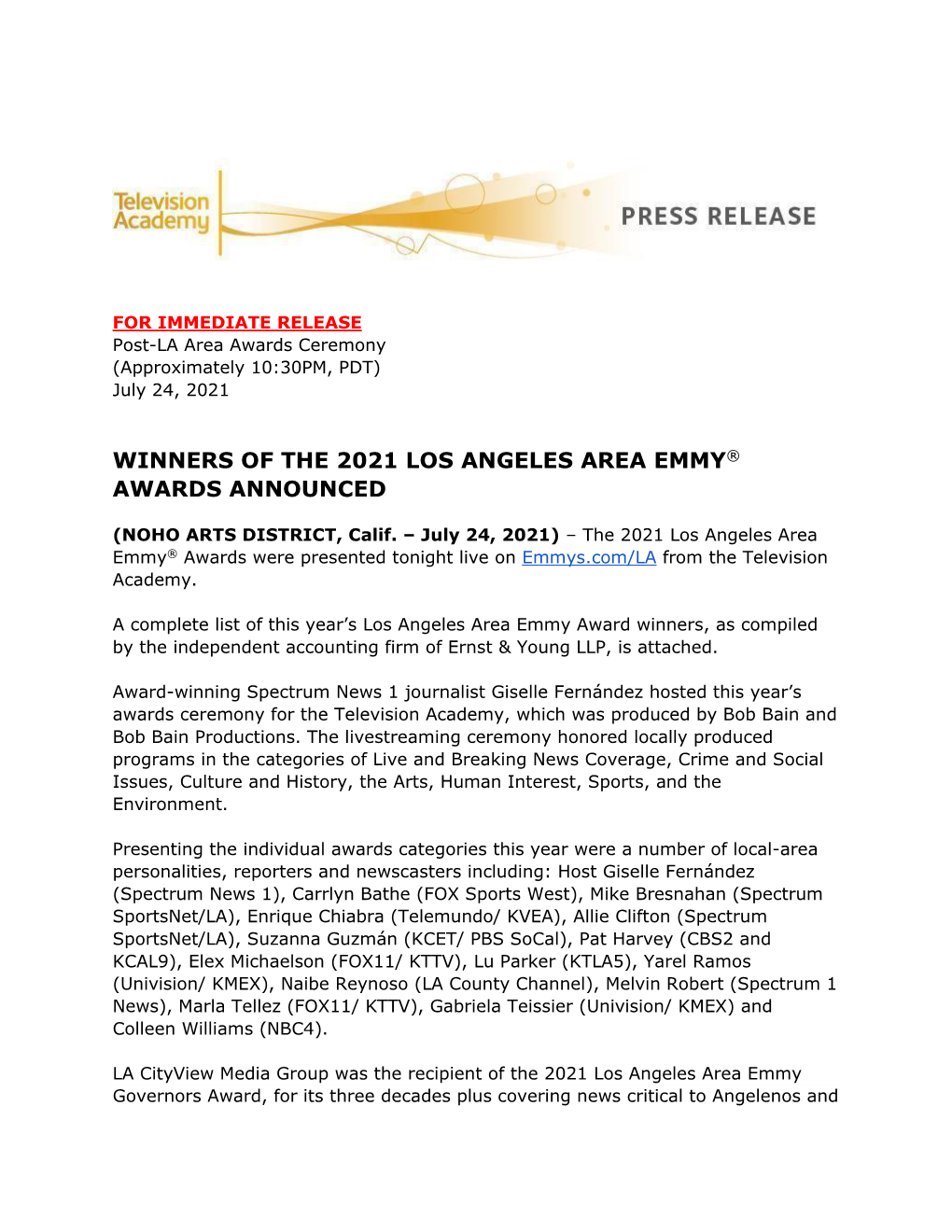Winners of the 2021 Los Angeles Area Emmy® Awards Announced