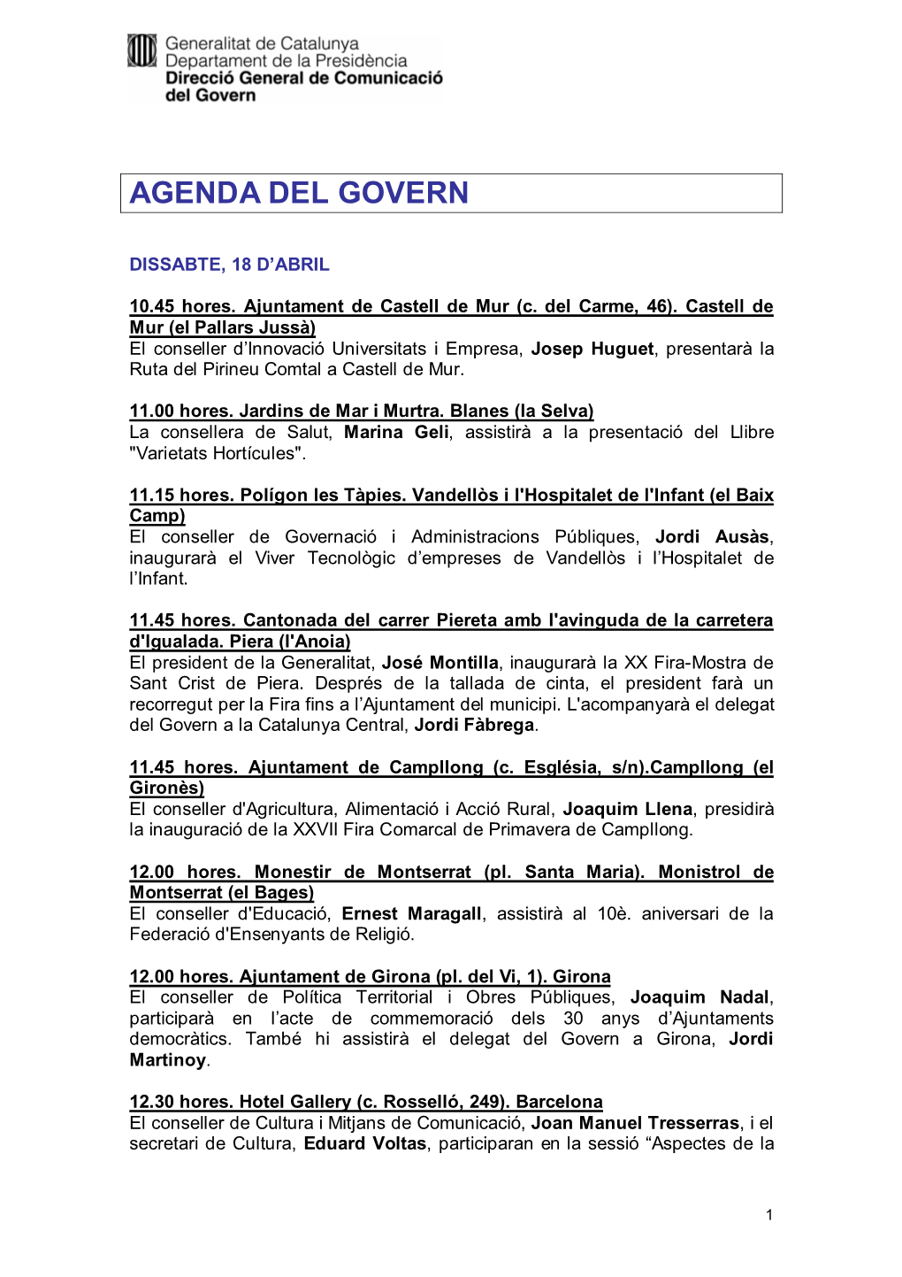 Agenda Del Govern