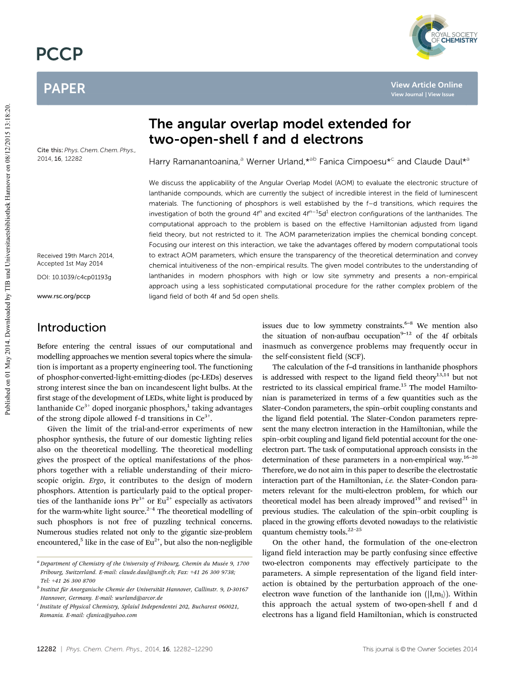 The Angular Overlap Model Extended for Two-Open-Shell F and D Electrons Cite This: Phys