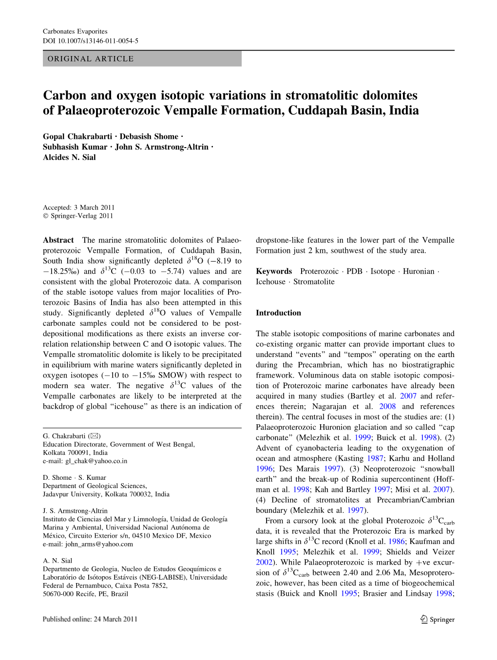 Carbon and Oxygen Isotopic Variations in Stromatolitic Dolomites of Palaeoproterozoic Vempalle Formation, Cuddapah Basin, India