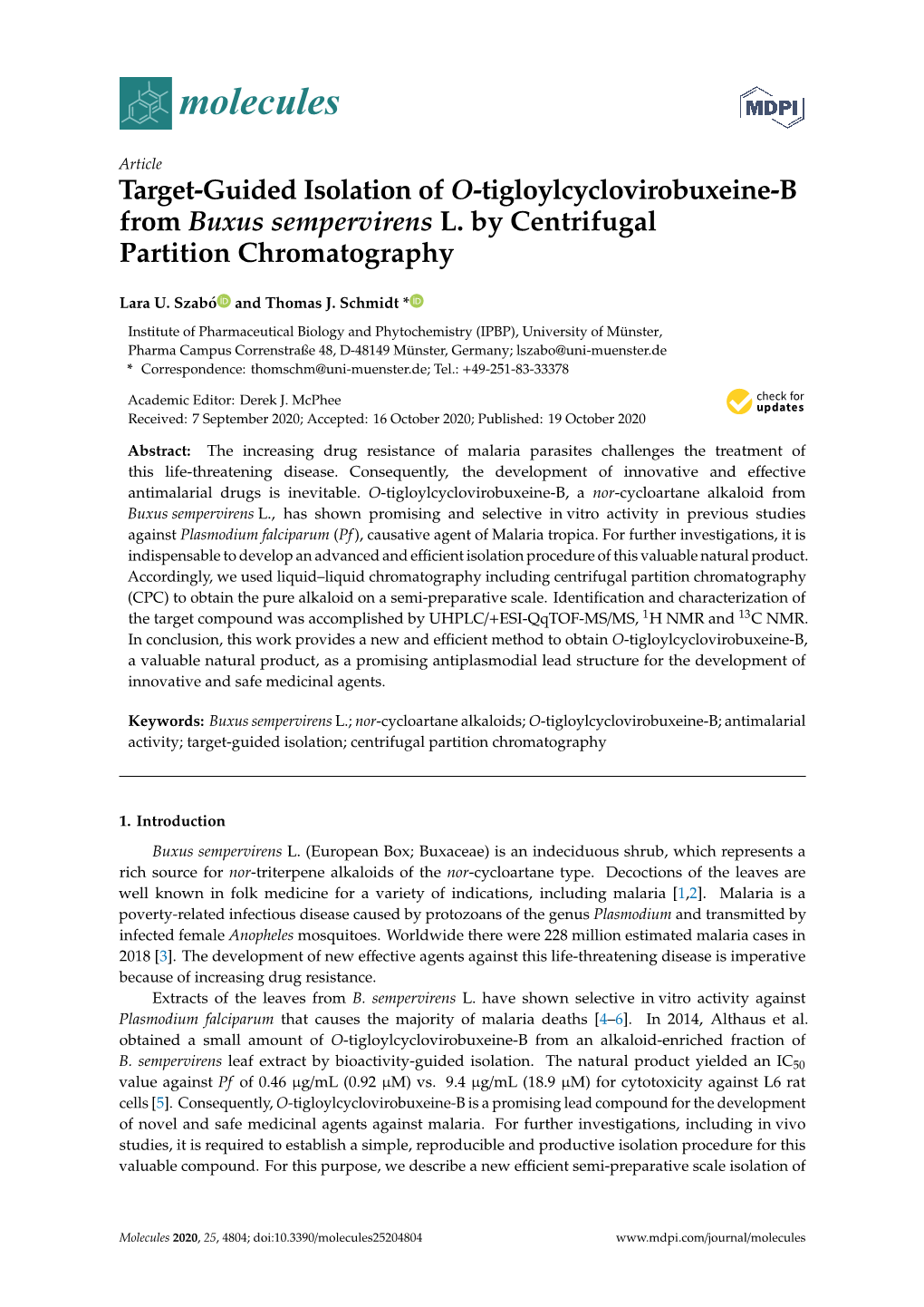 Target-Guided Isolation of O-Tigloylcyclovirobuxeine-B from Buxus Sempervirens L