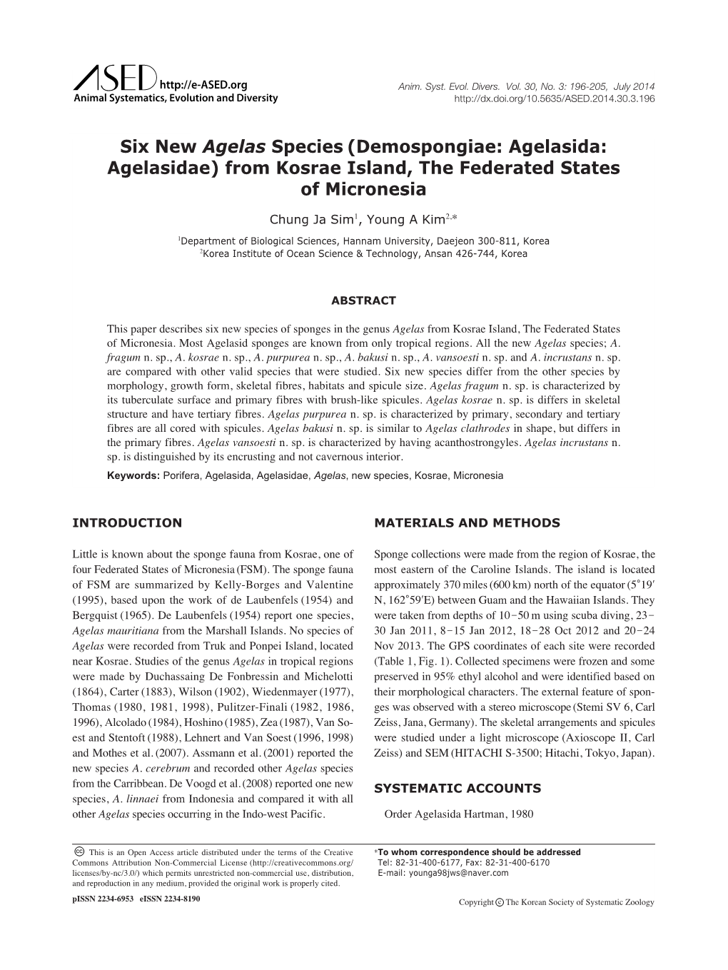 Six New Agelas Species (Demospongiae: Agelasida: Agelasidae) from Kosrae Island, the Federated States of Micronesia