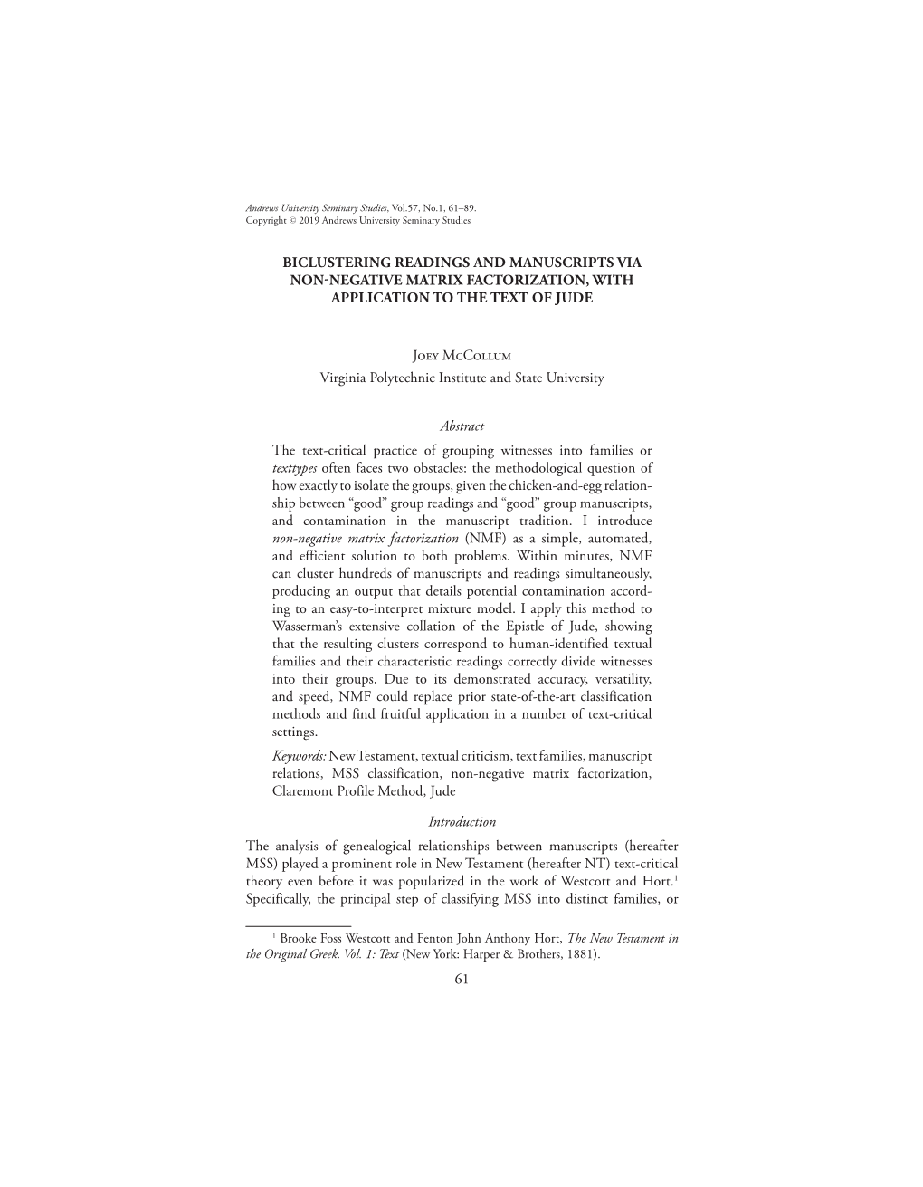 Biclustering Readings and Manuscripts Via Non-Negative Matrix Factorization, with Application to the Text of Jude