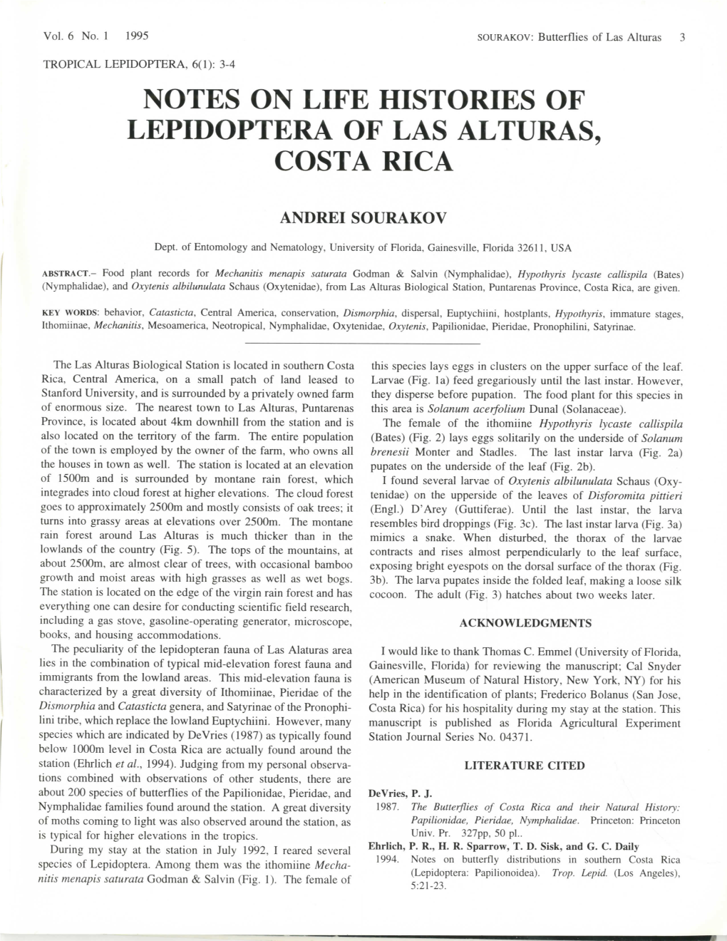 Notes on Life Histories of Lepidoptera of Las Alturas, Costa Rica