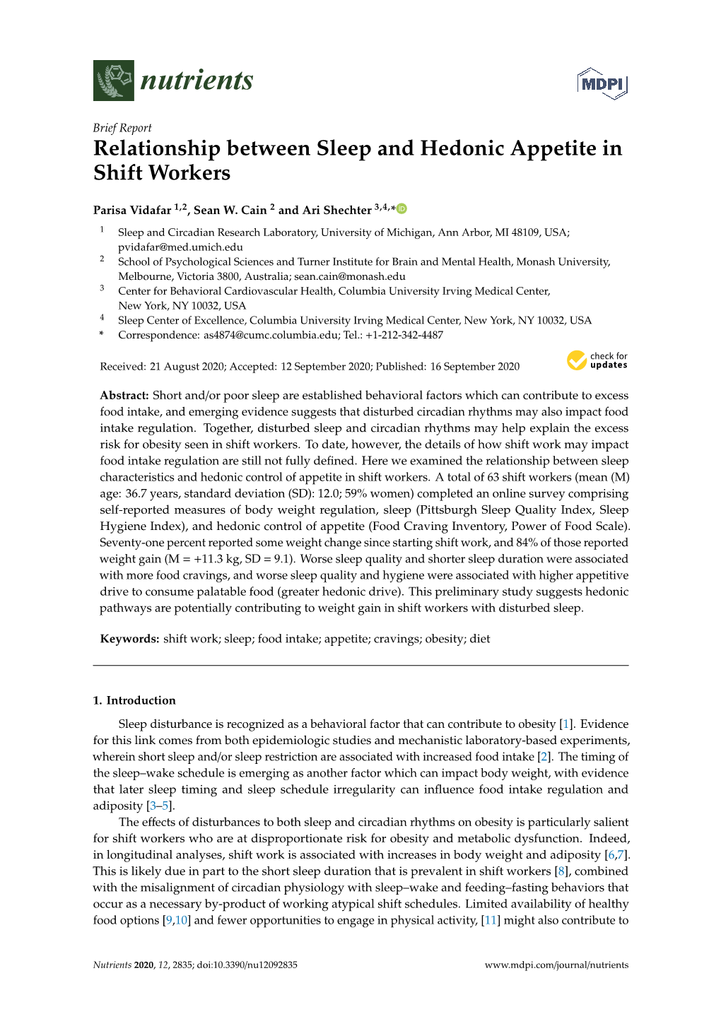 Relationship Between Sleep and Hedonic Appetite in Shift Workers