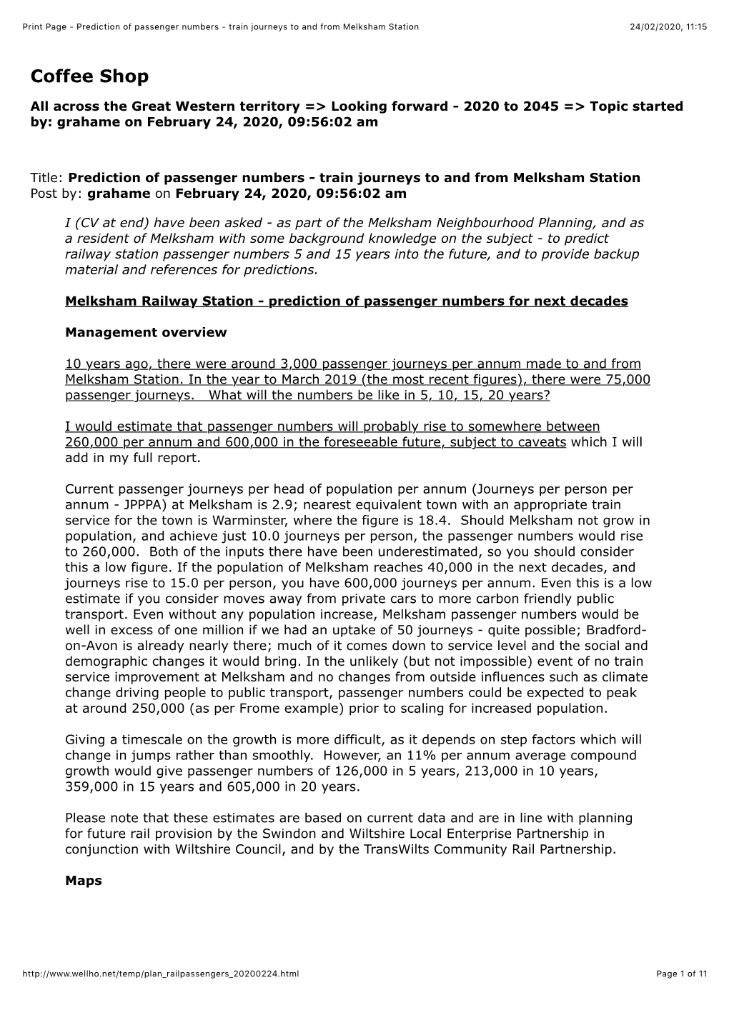 Prediction of Passenger Numbers - Train Journeys to and from Melksham Station 24/02/2020, 11�15