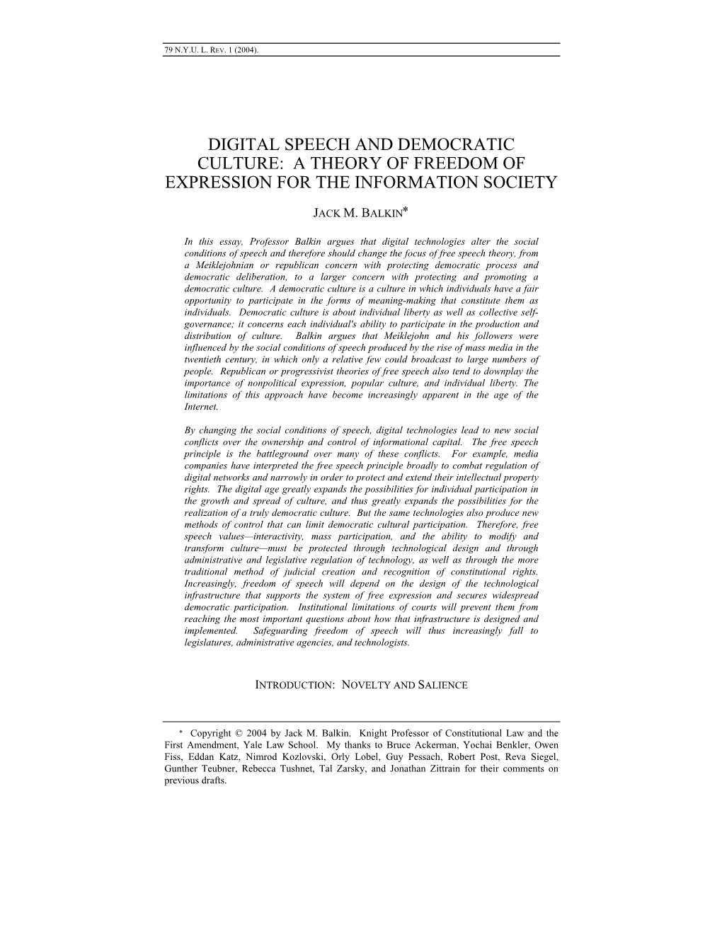 Digital Speech and Democratic Culture: a Theory of Freedom of Expression for the Information Society