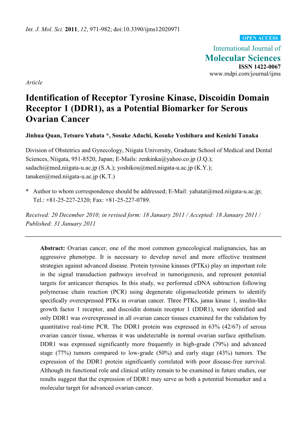 Identification of Receptor Tyrosine Kinase, Discoidin Domain Receptor 1 (DDR1), As a Potential Biomarker for Serous Ovarian Cancer