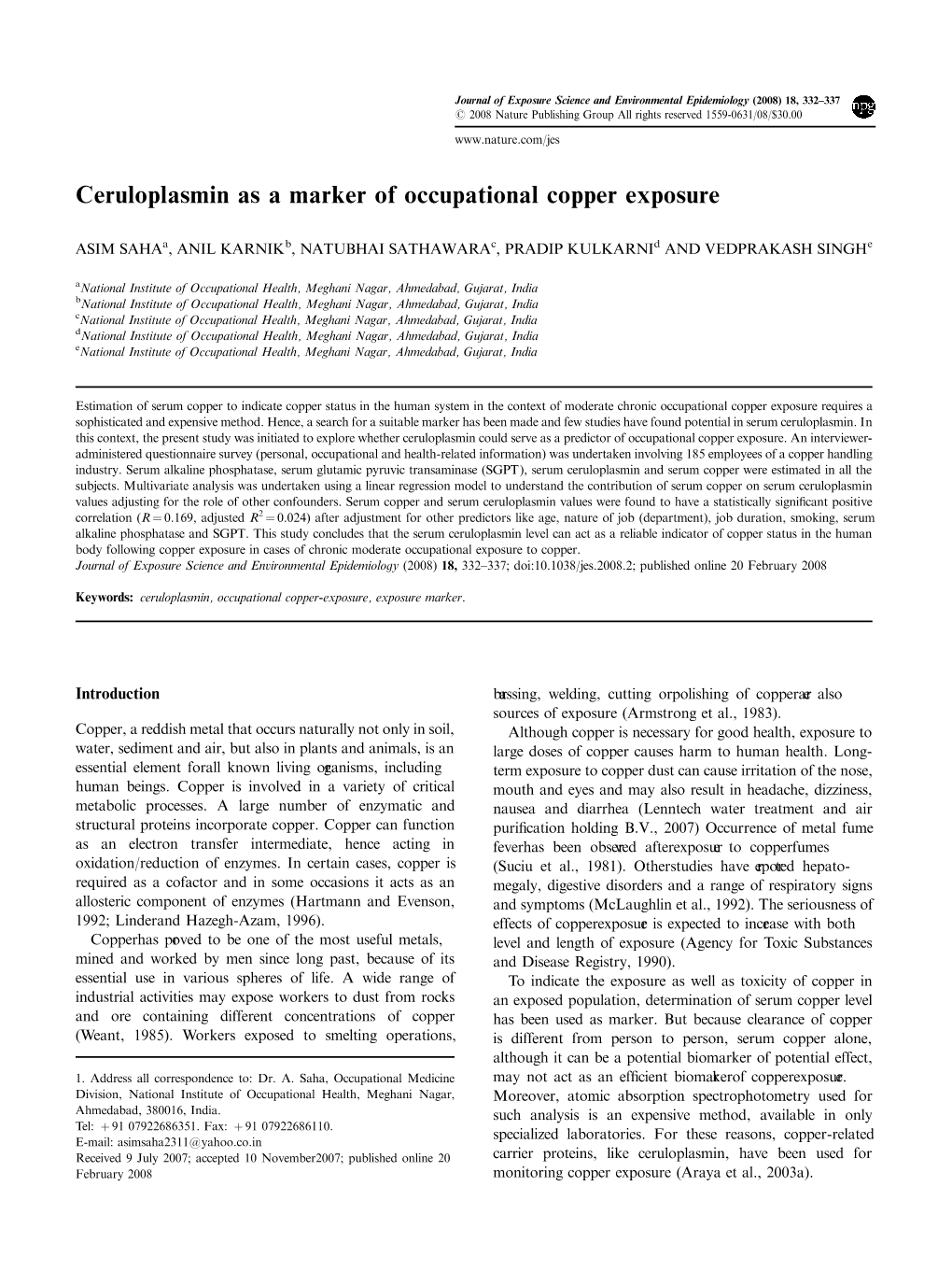 Ceruloplasmin As a Marker of Occupational Copper Exposure