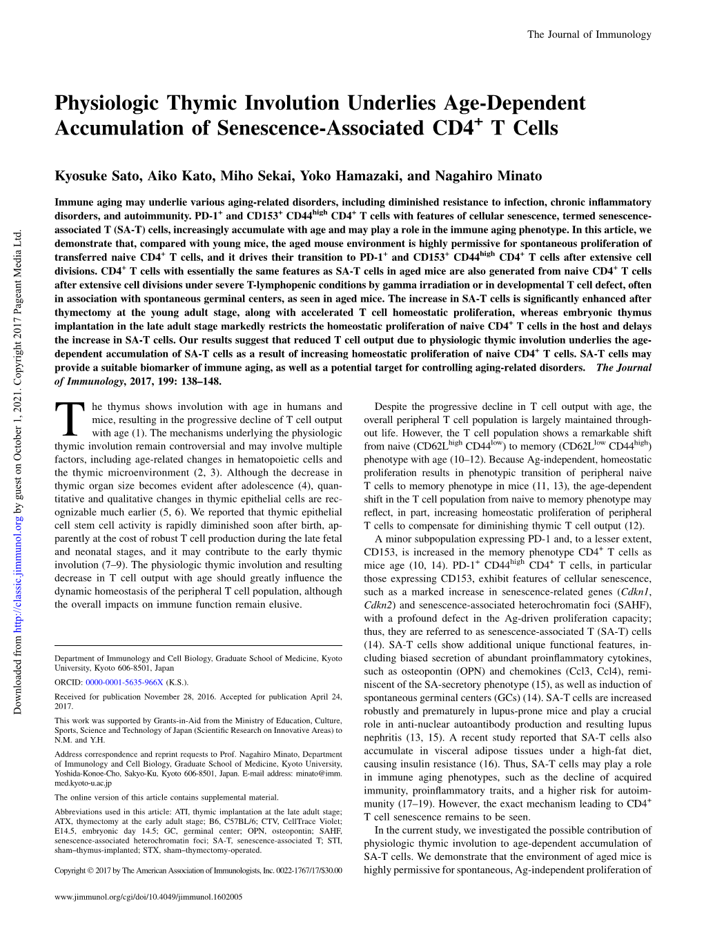 Physiologic Thymic Involution Underlies Age-Dependent Accumulation of Senescence-Associated CD4+ T Cells