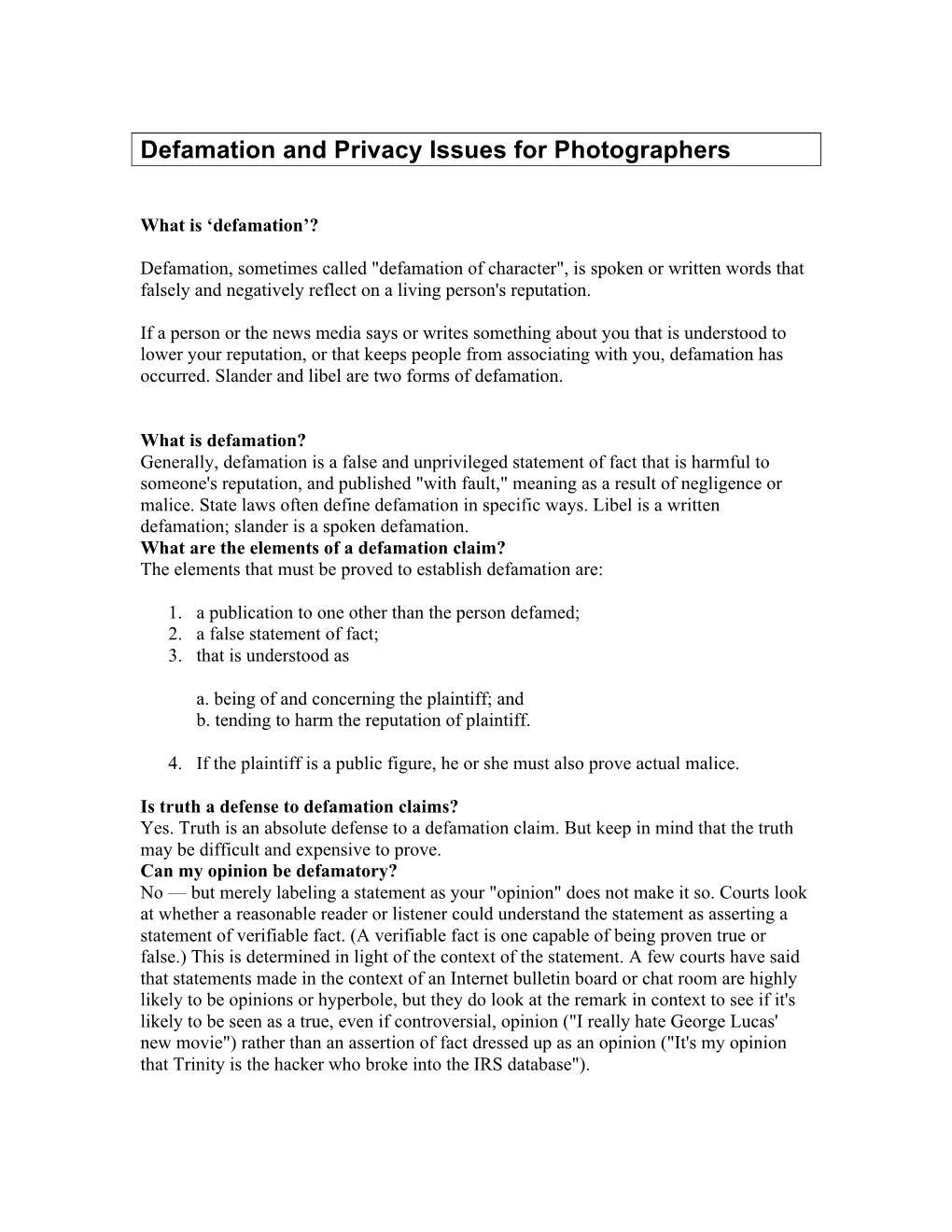 Defamation and Privacy Issues for Photographers