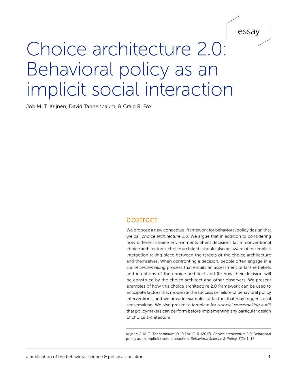 Choice Architecture 2.0: Behavioral Policy As an Implicit Social Interaction Job M