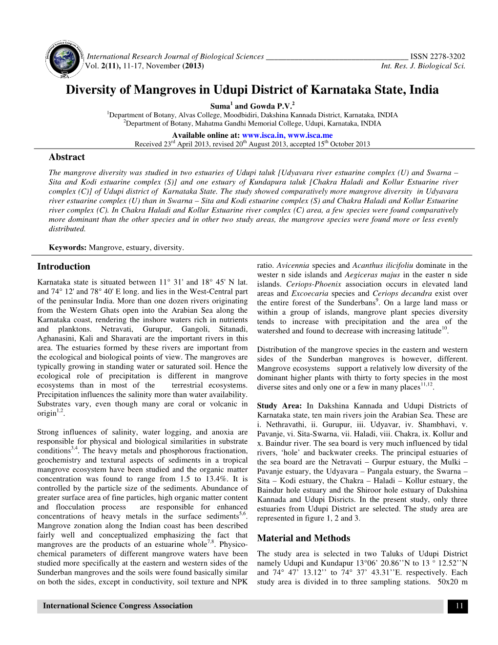 Diversity of Mangroves in Udupi District of Karnataka State, India