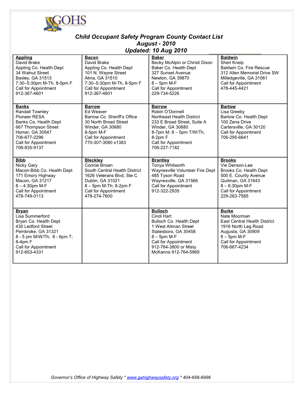 Child Occupant Safety Program County Contact List