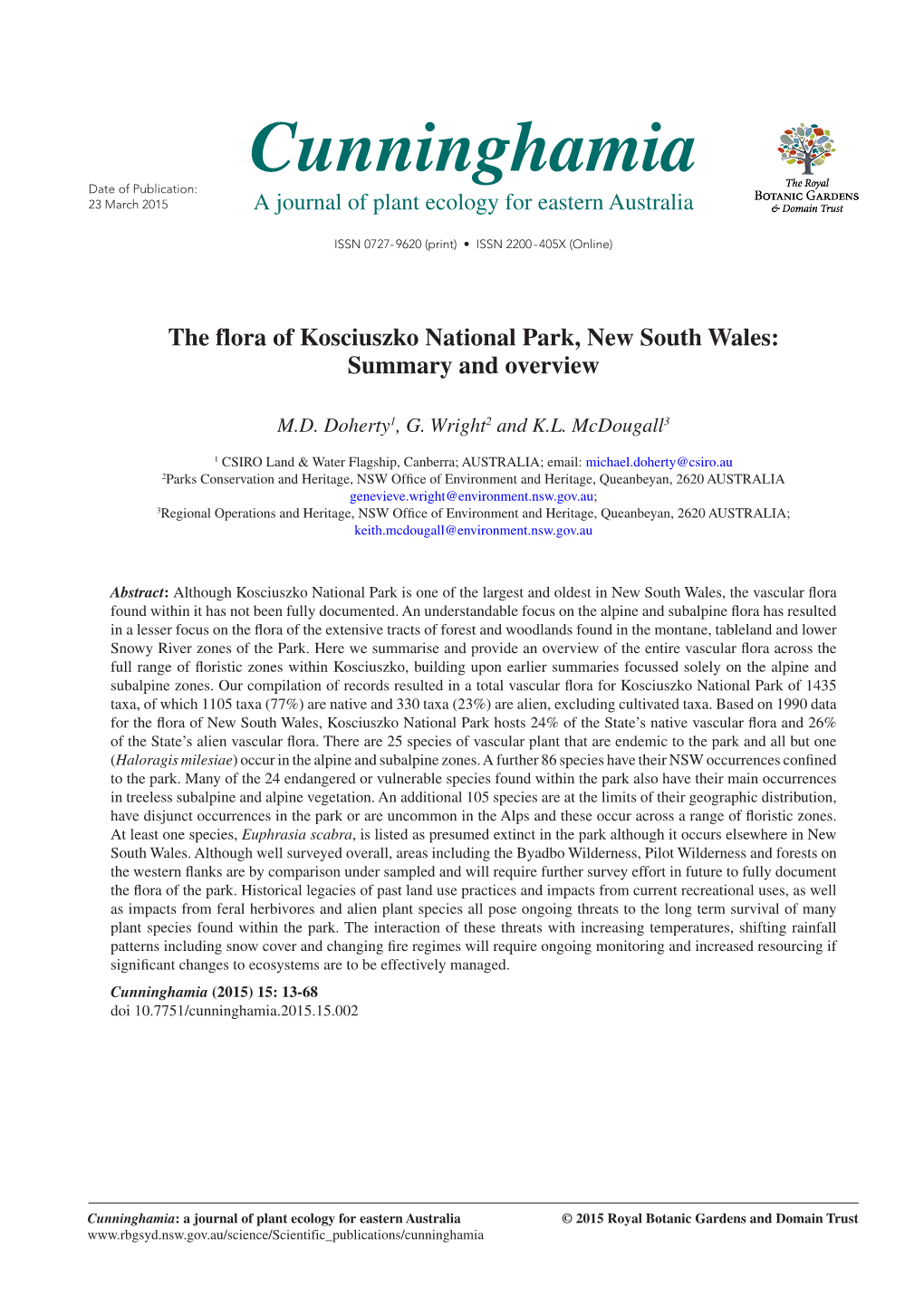 The Flora of Kosciuszko National Park, New South Wales: Summary and Overview