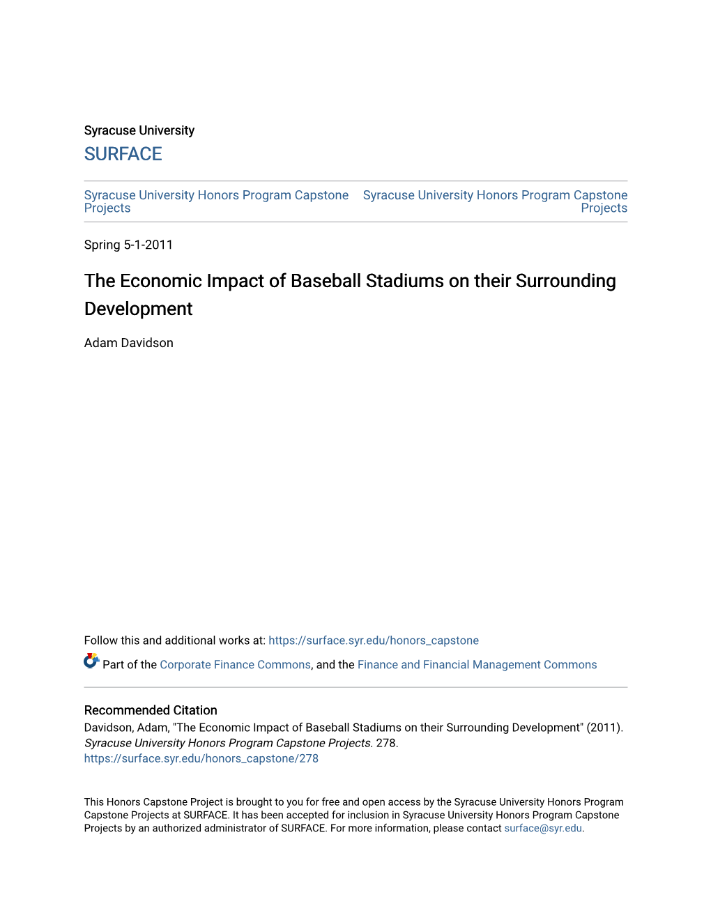 The Economic Impact of Baseball Stadiums on Their Surrounding Development