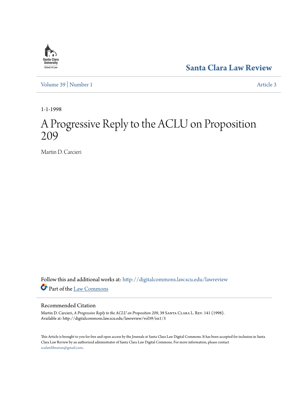 A Progressive Reply to the ACLU on Proposition 209 Martin D