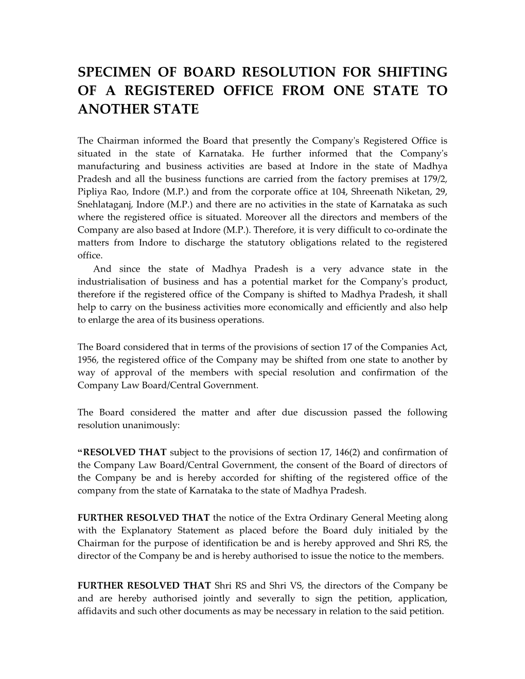 Specimen of Board Resolution for Shifting of a Registered Office from One State to Another State