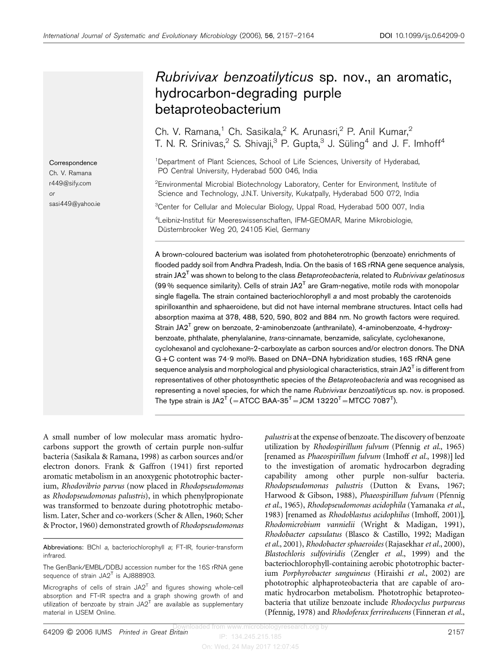 Rubrivivax Benzoatilyticus Sp. Nov., an Aromatic, Hydrocarbon-Degrading Purple Betaproteobacterium