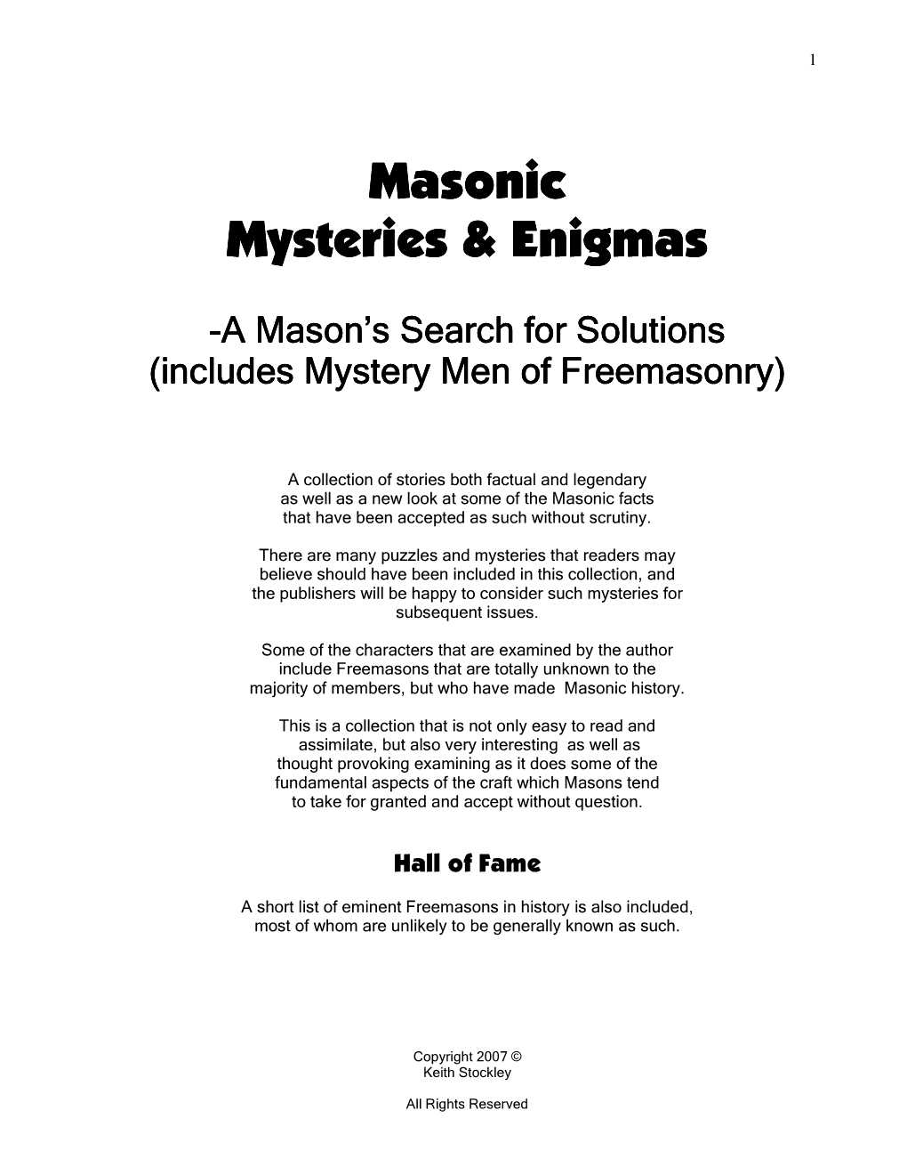 Masonic Mysteries & Enigmas