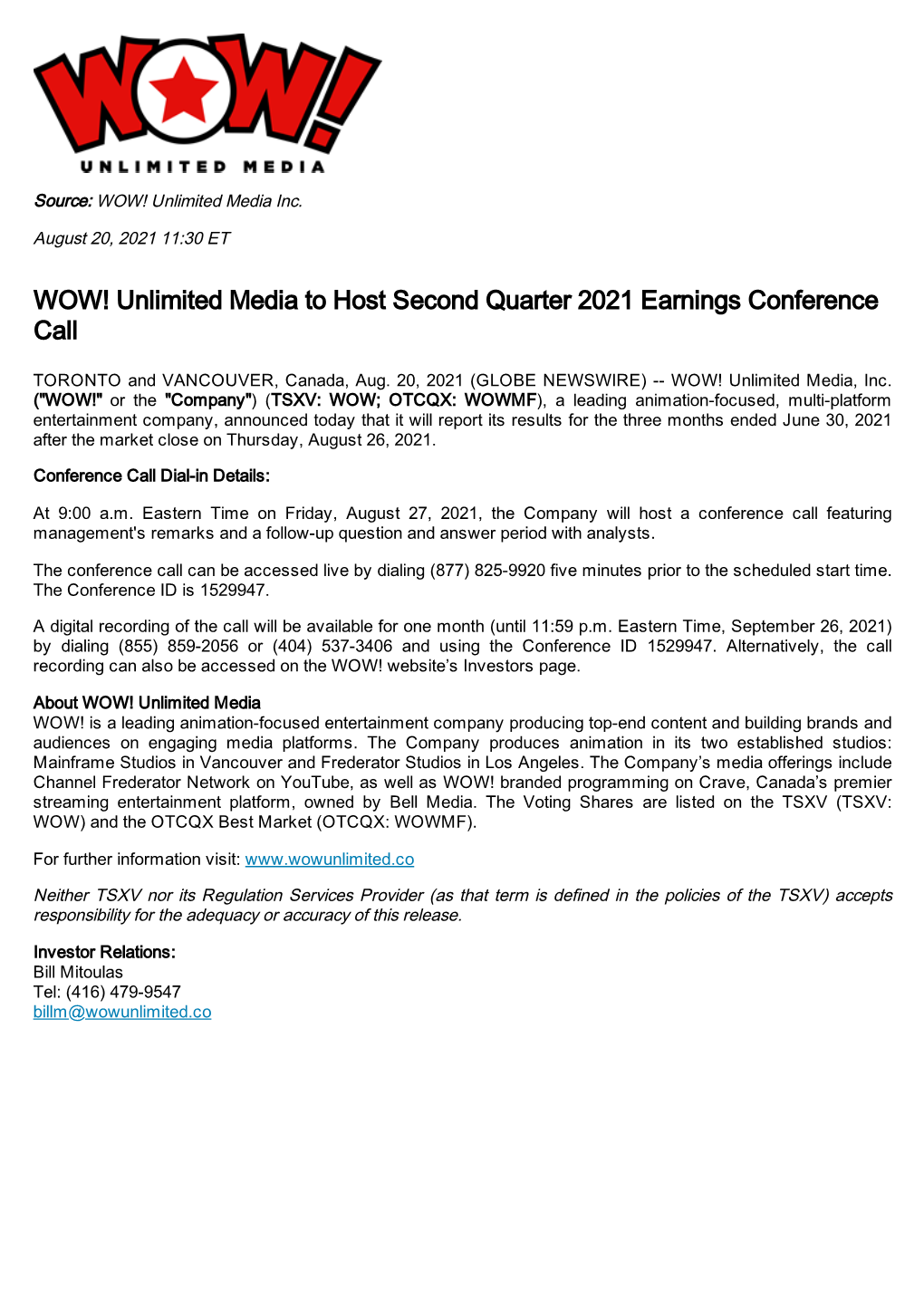 WOW! Unlimited Media to Host Second Quarter 2021 Earnings Conference Call