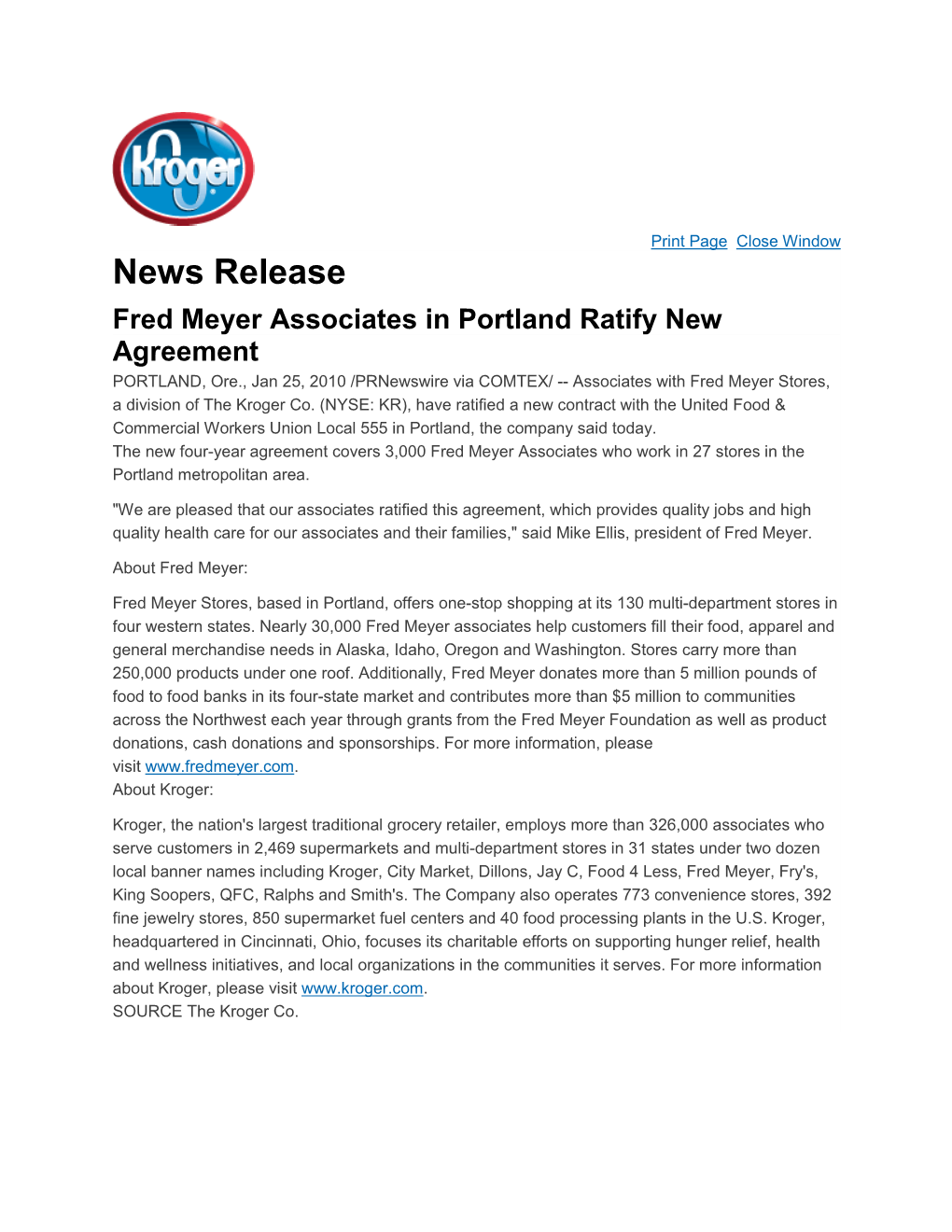 News Release Fred Meyer Associates in Portland Ratify New