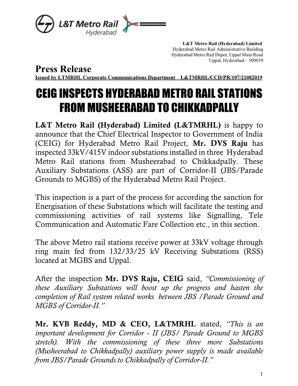 2019-08-21 CEIG Inspects Hyderabad Metro Rail Stations from Musheerabad to Chikkadpally