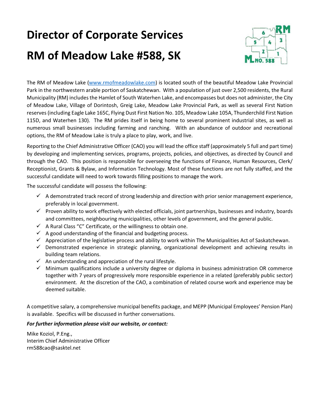 Director of Corporate Services RM of Meadow Lake #588, SK