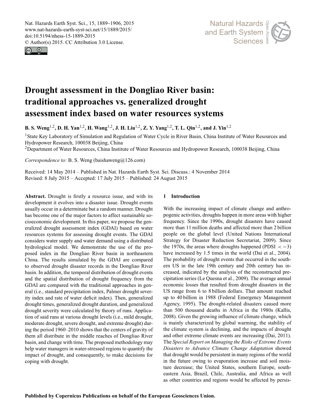 Drought Assessment in the Dongliao River Basin: Traditional Approaches Vs