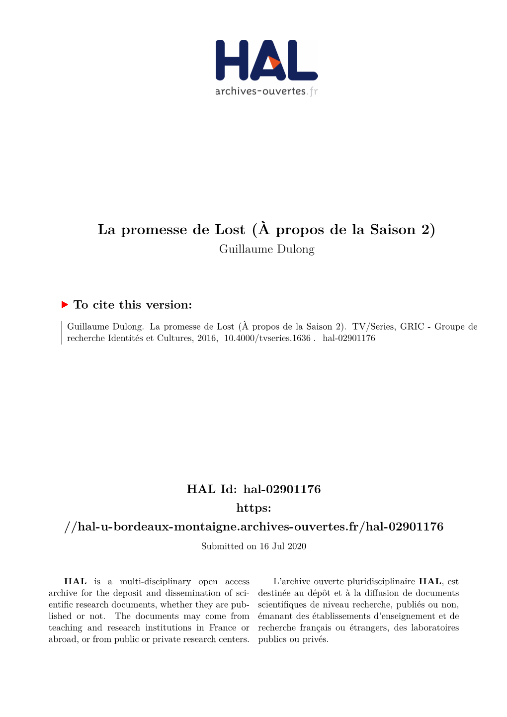 La Promesse De Lost (À Propos De La Saison 2) Guillaume Dulong