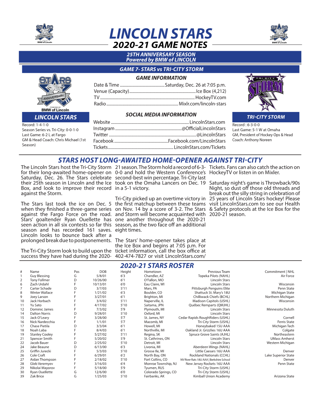 LINCOLN STARS 2020-21 GAME NOTES 25TH ANNIVERSARY SEASON Powered by BMW of LINCOLN GAME 7- STARS Vs TRI-CITY STORM GAME INFORMATION Date & Time