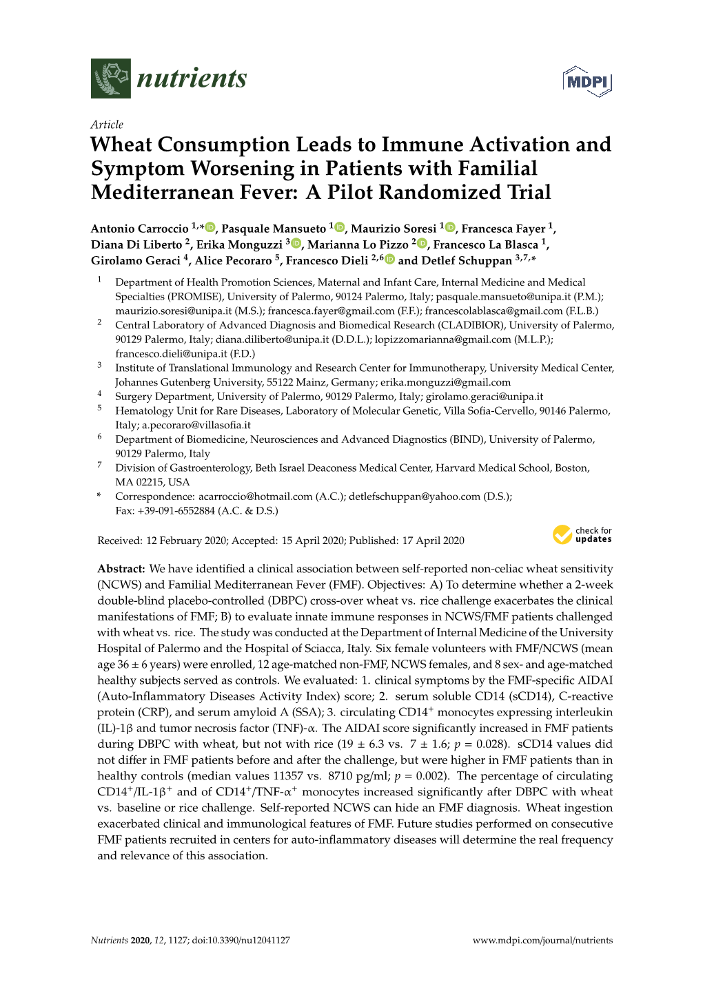 Wheat Consumption Leads to Immune Activation and Symptom Worsening in Patients with Familial Mediterranean Fever: a Pilot Randomized Trial