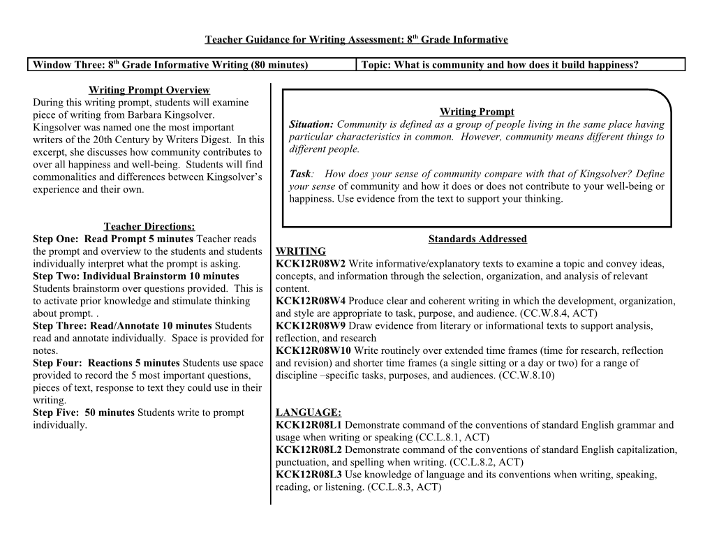 Teacher Guidance for Writing Assessment: 8Th Grade Informative