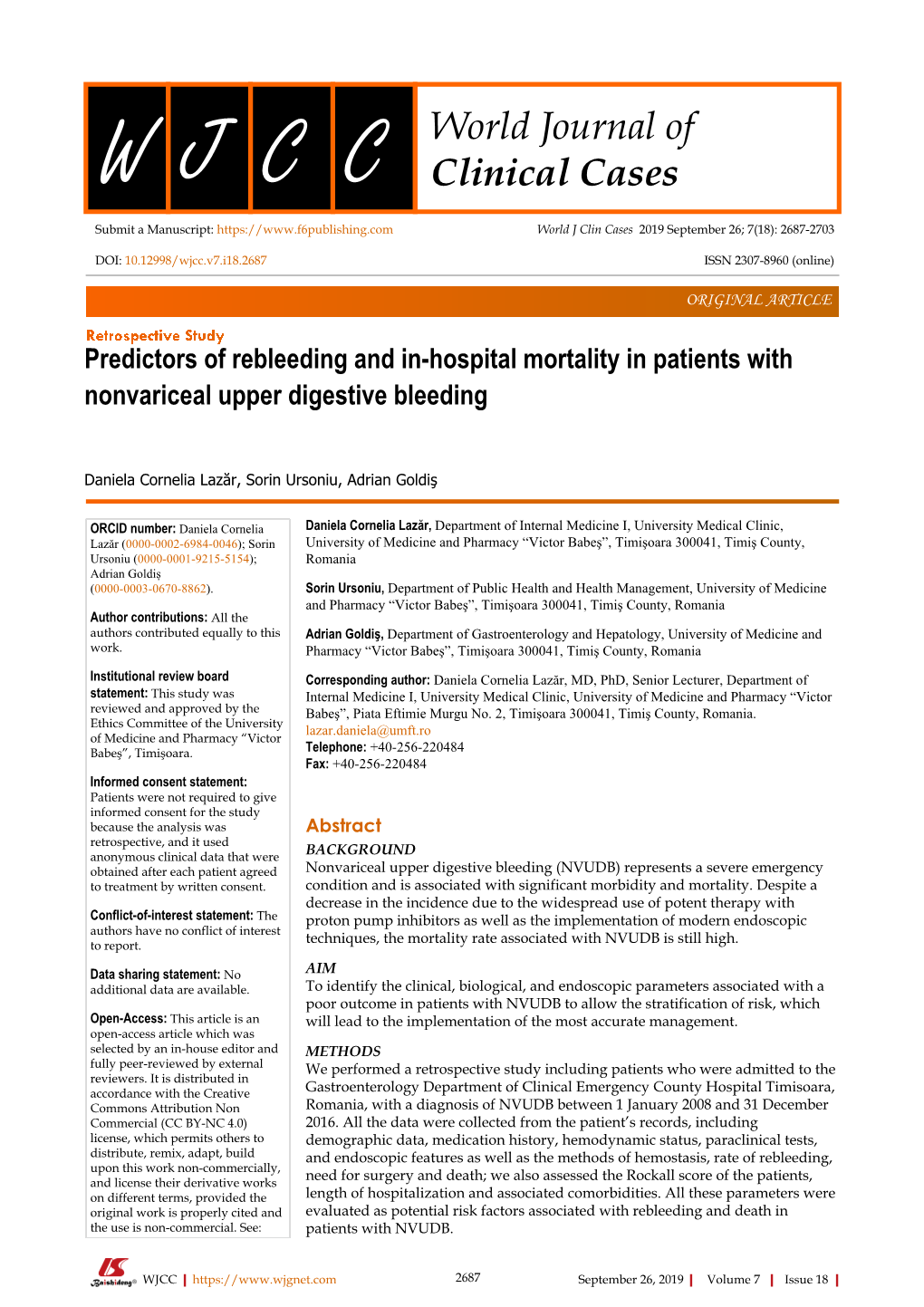 Predictors of Rebleeding and In-Hospital Mortality in Patients with Nonvariceal Upper Digestive Bleeding